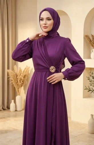 Saten Kumaş Belde Broşlu Tesettür Abiye Elbise 5811-05 Mürdüm