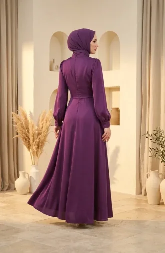 Saten Kumaş Belde Broşlu Tesettür Abiye Elbise 5811-05 Mürdüm