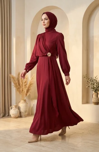 Saten Kumaş Belde Broşlu Tesettür Abiye Elbise 5811-06 Bordo