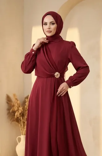 Saten Kumaş Belde Broşlu Tesettür Abiye Elbise 5811-06 Bordo