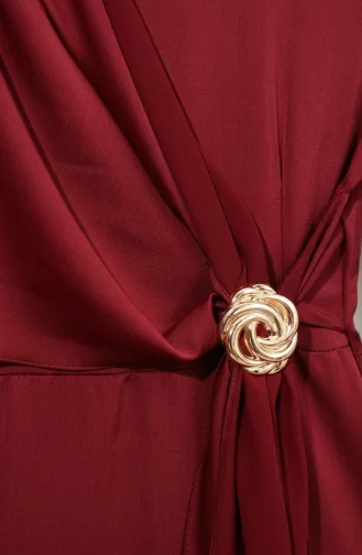 Saten Kumaş Belde Broşlu Tesettür Abiye Elbise 5811-06 Bordo