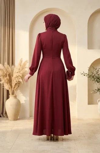 Saten Kumaş Belde Broşlu Tesettür Abiye Elbise 5811-06 Bordo