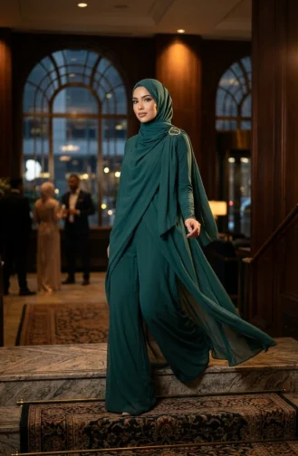 جمبسوت محجب بحزام وياقة شال 5654-01 أخضر زمردي 5654-01