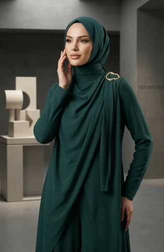 جمبسوت محجب بحزام وياقة شال 5654-01 أخضر زمردي 5654-01