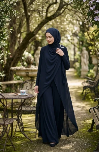 جمبسوت محجب بياقة شال وحزام، 5654-02، لون كحلي 5654-02