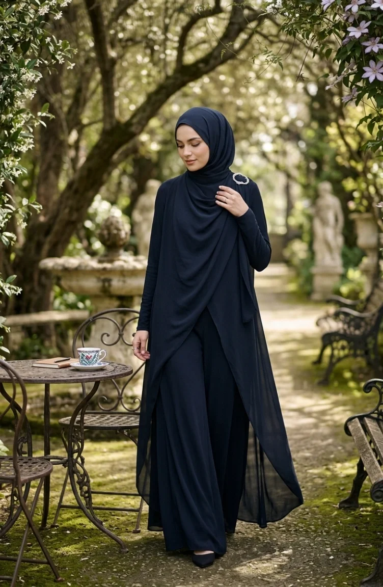 جمبسوت محجب بياقة شال وحزام، 5654-02، لون كحلي 5654-02