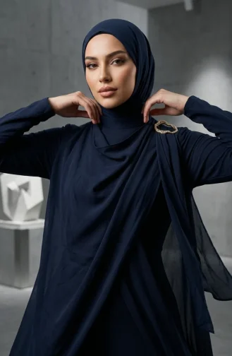 جمبسوت محجب بياقة شال وحزام، 5654-02، لون كحلي 5654-02