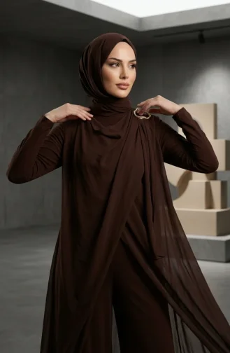جمبسوت محجب بحزام وياقة شال 5654-03 بني 5654-03