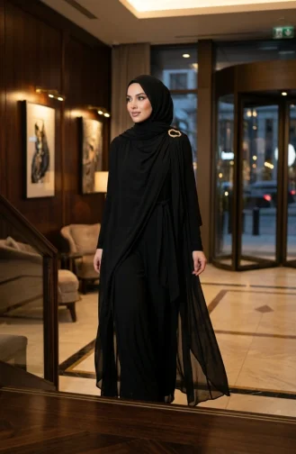 جمبسوت أسود بياقة شال وحزام وحجاب 5654-04 5654-04