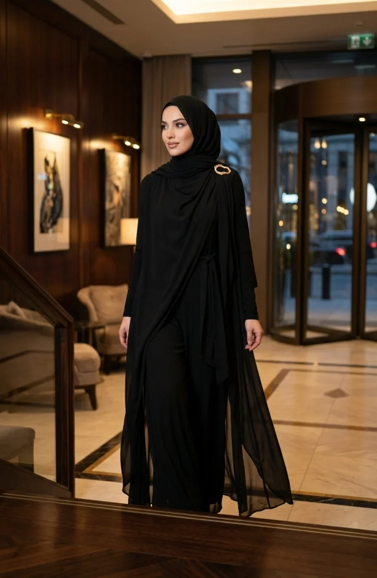 جمبسوت أسود بياقة شال وحزام وحجاب 5654-04 5654-04