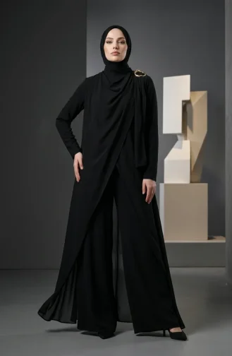 جمبسوت أسود بياقة شال وحزام وحجاب 5654-04 5654-04