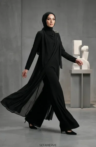 جمبسوت أسود بياقة شال وحزام وحجاب 5654-04 5654-04