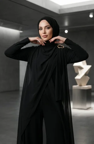 جمبسوت أسود بياقة شال وحزام وحجاب 5654-04 5654-04