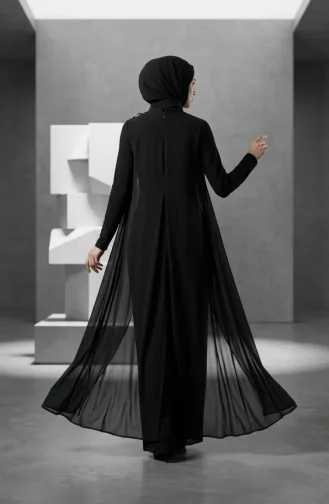 جمبسوت أسود بياقة شال وحزام وحجاب 5654-04 5654-04