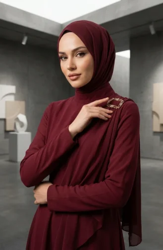 Şal Yakalı Kuşaklı Tesettür Tulum 5654-05 Bordo