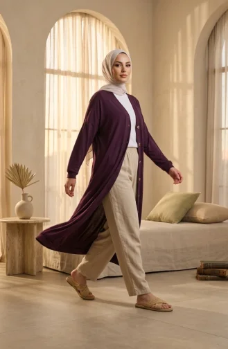 Two-Thread Buttoned Long Cardigan 0181-05 Plum 0181-05
