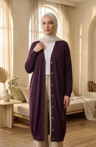 Two-Thread Buttoned Long Cardigan 0181-05 Plum 0181-05