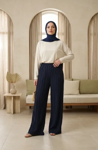 Weit Geschnittene Hose Mit Elastischem Bund Knitterstoff 0334-03 Marineblau 0334-03