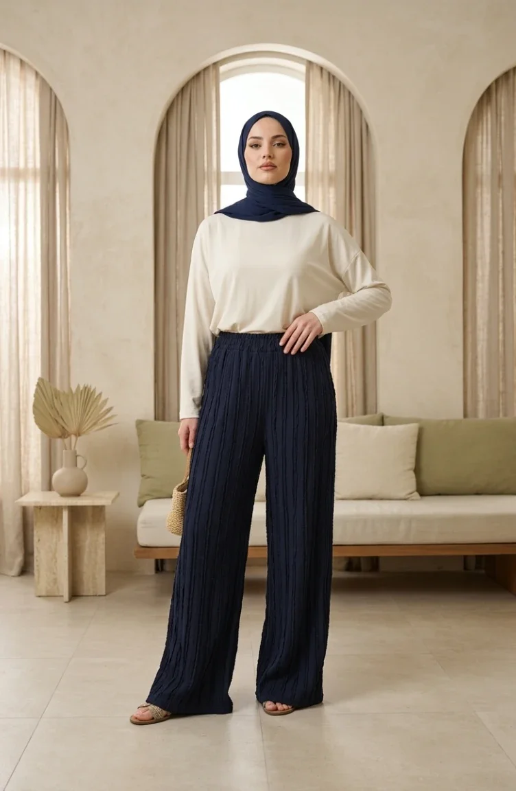 Weit Geschnittene Hose Mit Elastischem Bund Knitterstoff 0334-03 Marineblau 0334-03