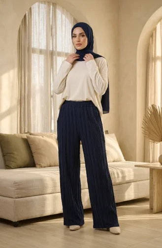 Weit Geschnittene Hose Mit Elastischem Bund Knitterstoff 0334-03 Marineblau 0334-03