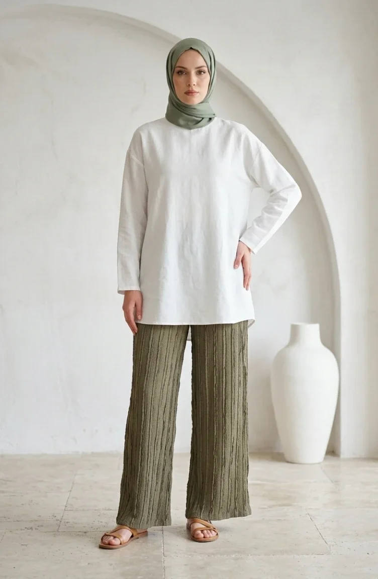 Weite Hose Aus Kreppstoff Mit Elastischem Bund Modell 0334-07 Khaki 0334-07