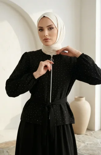 طقم حجاب من قطعتين مزين بالأحجار، مزود بسحاب وحزام، أسود اللون (0335-01) 0335-01