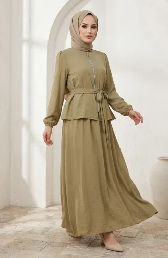 Taşlı Fermuarlı Kuşaklı Tesettür ikili Takım 0335-02 Haki