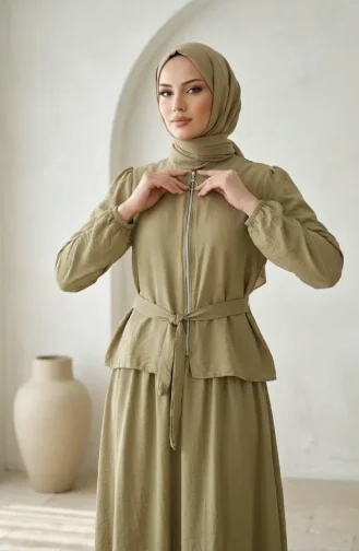 Taşlı Fermuarlı Kuşaklı Tesettür ikili Takım 0335-02 Haki