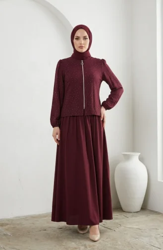 طقم حجاب من قطعتين مزين بالأحجار، مزود بسحاب وحزام، لون برقوقي 0335-04 0335-04