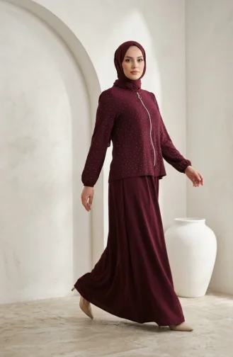 طقم حجاب من قطعتين مزين بالأحجار، مزود بسحاب وحزام، لون برقوقي 0335-04 0335-04