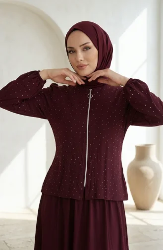طقم حجاب من قطعتين مزين بالأحجار، مزود بسحاب وحزام، لون برقوقي 0335-04 0335-04