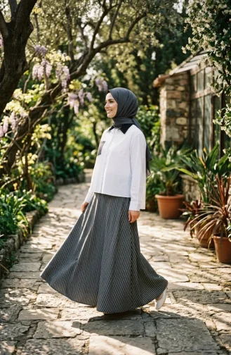 Ensemble Deux Pièces Chemise Rayée En Coton éponge Et Hijab 13204-01 Blanc Gris 13204-01