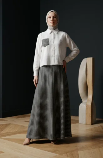 Ensemble Deux Pièces Chemise Rayée En Coton éponge Et Hijab 13204-01 Blanc Gris 13204-01