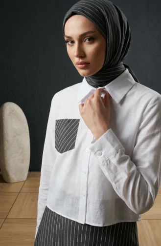 Ensemble Deux Pièces Chemise Rayée En Coton éponge Et Hijab 13204-01 Blanc Gris 13204-01