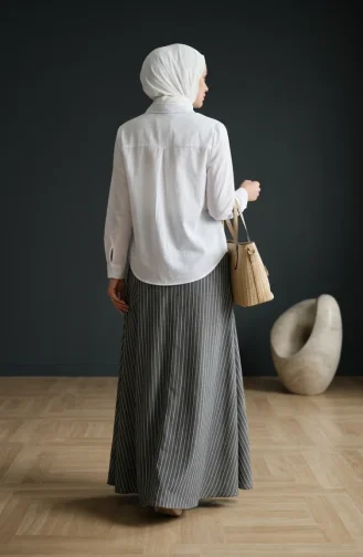 Ensemble Deux Pièces Chemise Rayée En Coton éponge Et Hijab 13204-01 Blanc Gris 13204-01