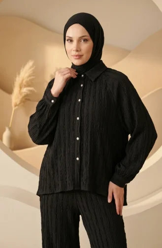 طقم حجاب من قطعتين مكشكش من قماش مجعد 13250-06 أسود 13250-06