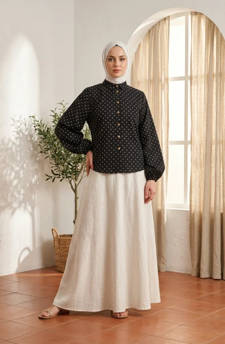 Viskose-Stoffhemd Mit Polka-Dots 6240-01 Schwarz 6240-01