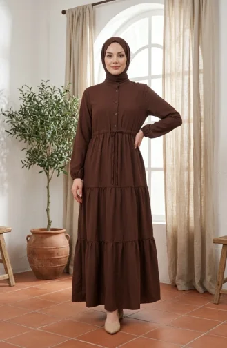 Robe Hijab à Col Mandarin Et Boutons Superposés 0336-02 Marron 0336-02