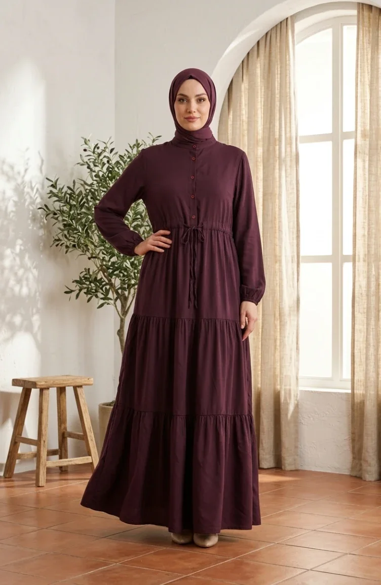 Robe Hijab à Col Mandarin Et Boutons Superposés 0336-03 Prune 0336-03