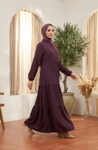 Robe Hijab à Col Mandarin Et Boutons Superposés 0336-03 Prune 0336-03