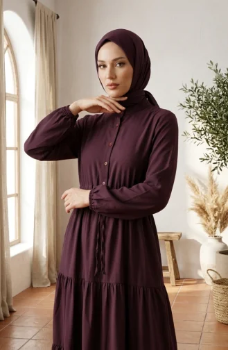 Robe Hijab à Col Mandarin Et Boutons Superposés 0336-03 Prune 0336-03