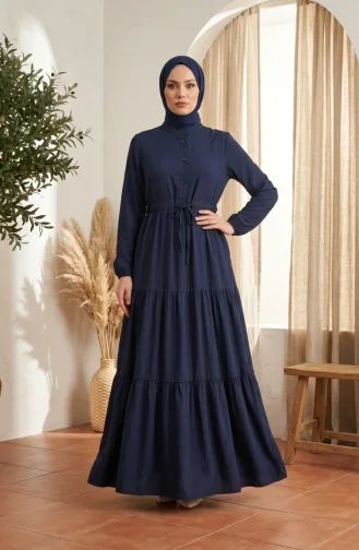 Robe Hijab à Col Mandarin Et Boutons Superposés 0336-04 Bleu Marine 0336-04