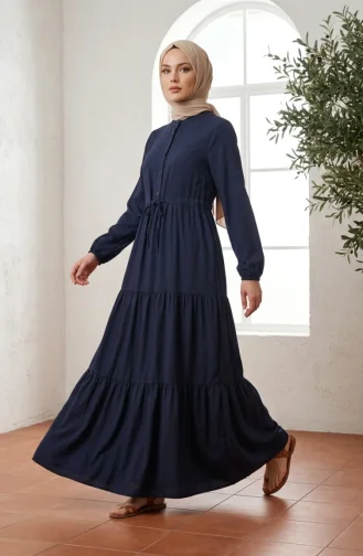 Robe Hijab à Col Mandarin Et Boutons Superposés 0336-04 Bleu Marine 0336-04