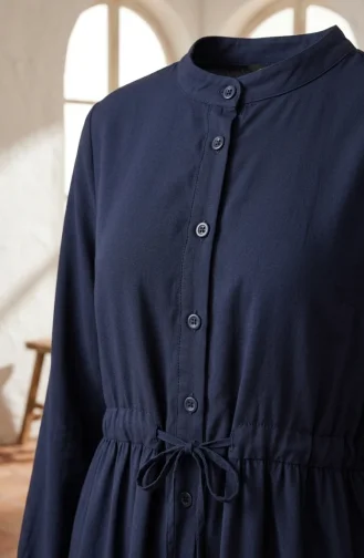 Robe Hijab à Col Mandarin Et Boutons Superposés 0336-04 Bleu Marine 0336-04