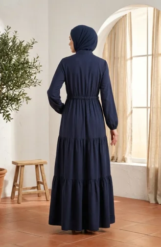 Robe Hijab à Col Mandarin Et Boutons Superposés 0336-04 Bleu Marine 0336-04
