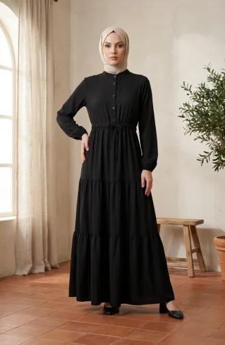 Robe Hijab à Col Mandarin Et Boutons Superposés 0336-05 Noir 0336-05