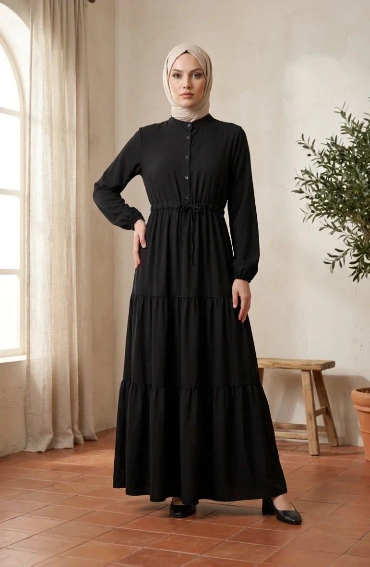 Robe Hijab à Col Mandarin Et Boutons Superposés 0336-05 Noir 0336-05