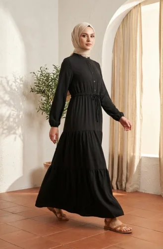 Robe Hijab à Col Mandarin Et Boutons Superposés 0336-05 Noir 0336-05