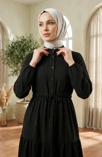 Robe Hijab à Col Mandarin Et Boutons Superposés 0336-05 Noir 0336-05