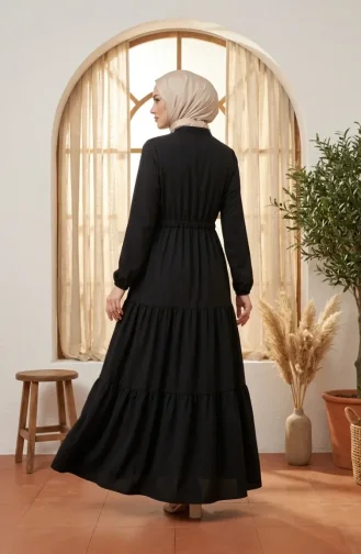 Robe Hijab à Col Mandarin Et Boutons Superposés 0336-05 Noir 0336-05